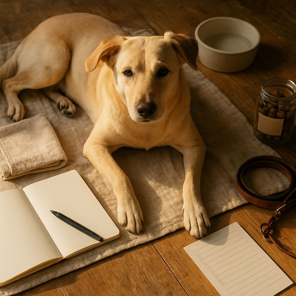 Healthy dog food and fresh ingredients on a kitchen counter